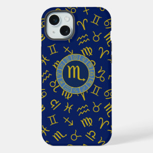 Scorpio Zodiac+Astrology Symbols Pattern Gld+Blues iPhone 15 Plus Case