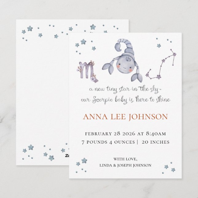 Scorpio Zodiac Birth Announcement (Front/Back)