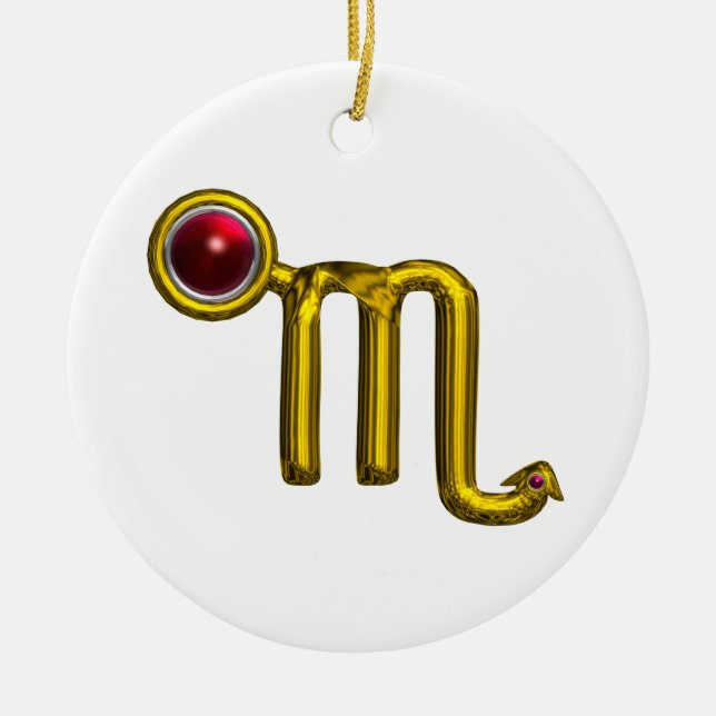 SCORPIO ZODIAC BIRTHDAY JEWEL Red Grenade Gold Ceramic Ornament (Front)