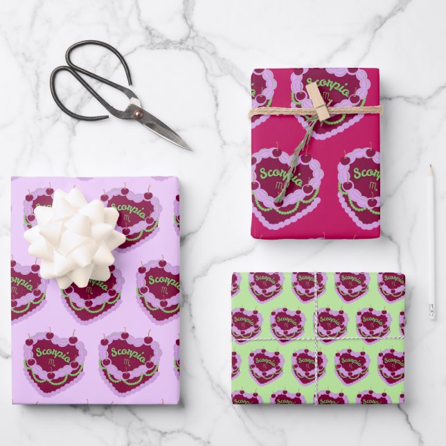 Scorpio Zodiac Coquette Heart Birthday Cake Wrapping Paper Sheets (Front)