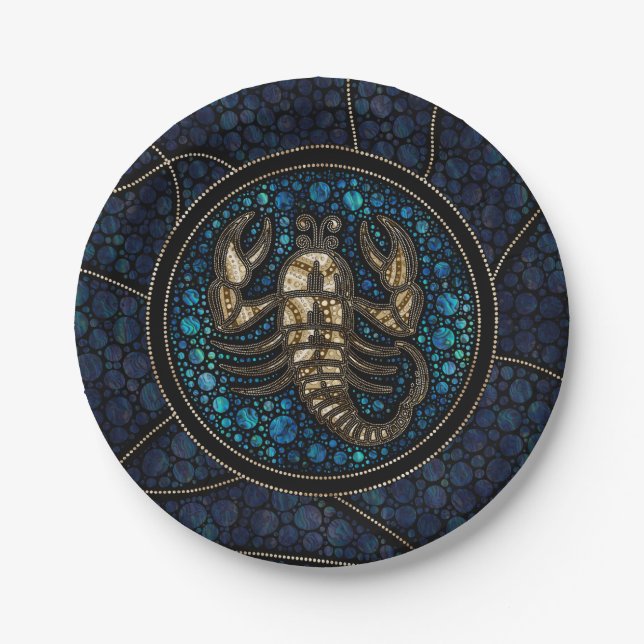 Scorpio Zodiac Dot Art Style Abalone Gold Paper Plates (Front)