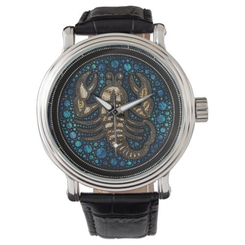 Scorpio Zodiac Dot Art Style Abalone Gold Watch
