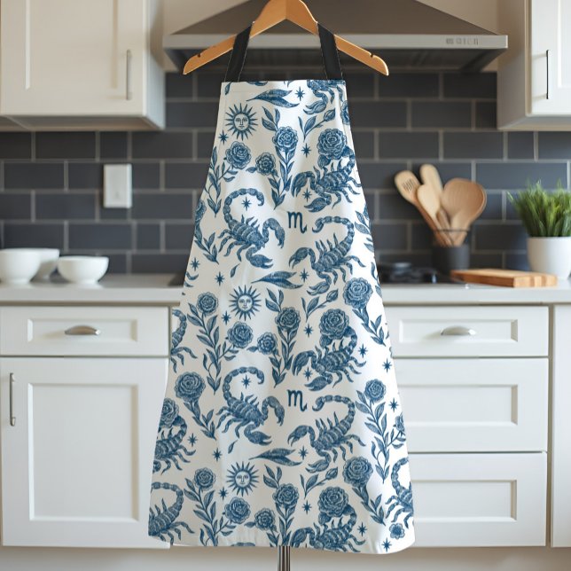 Scorpio Zodiac Elegant Blue White Scorpion Floral Apron (Scorpio zodiac apron with a pattern of detailed scorpions and pretty blue floral for her kitchen.)