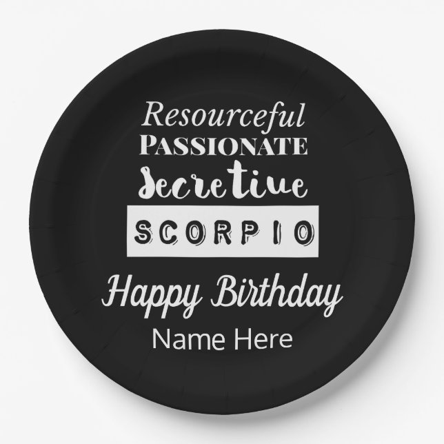 Scorpio Zodiac Fun Characteristics Birthday Paper Plates (Front)