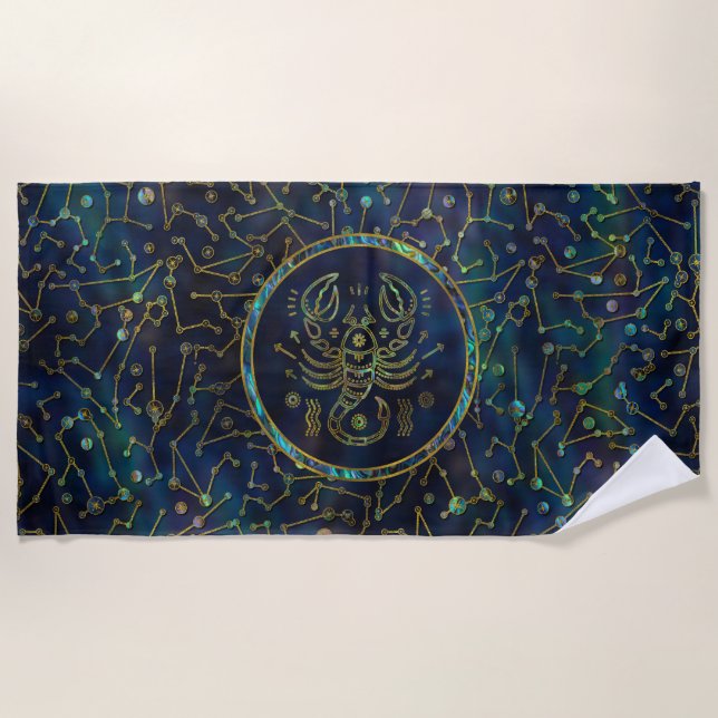 Scorpio Zodiac Gold Abalone on Constellation Beach Towel (Front)