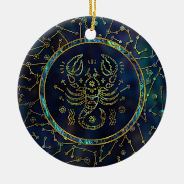 Scorpio Zodiac Gold Abalone on Constellation Ceramic Ornament (Front)