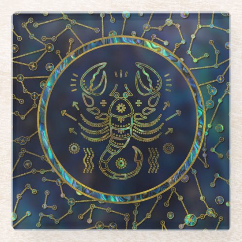 Scorpio Zodiac Gold Abalone on Constellation Glass Coaster