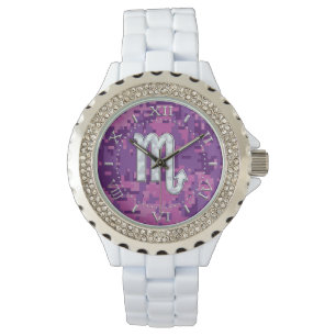 Scorpio Zodiac Pink Fuchsia Digital Camo Dial Watch