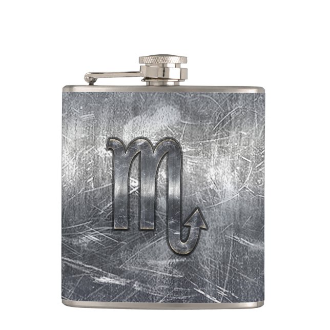 Scorpio Zodiac Sign in Distressed Steel Decor Hip Flask (Front)