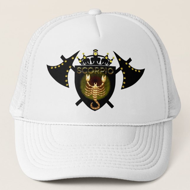 Scorpio Zodiac Sign On Black Shield Trucker Hat (Front)