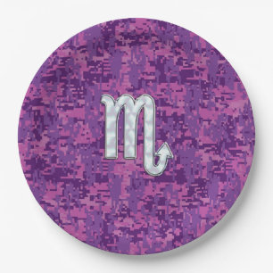 Scorpio Zodiac Sign on Fuchsia Digital Camo Paper Plates