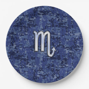 Scorpio Zodiac Sign on Navy Blue Camo Paper Plates