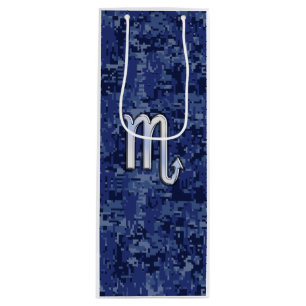 Scorpio Zodiac Sign on Navy Blue Camo Wine Gift Bag
