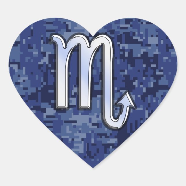 Scorpio Zodiac Sign on Navy Blue Camouflage Decor Heart Sticker (Front)