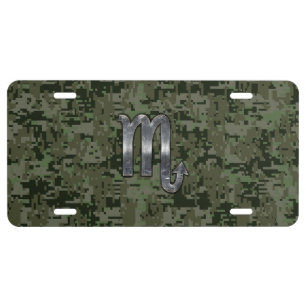 Scorpio Zodiac Sign Woodland Digital Camouflage License Plate