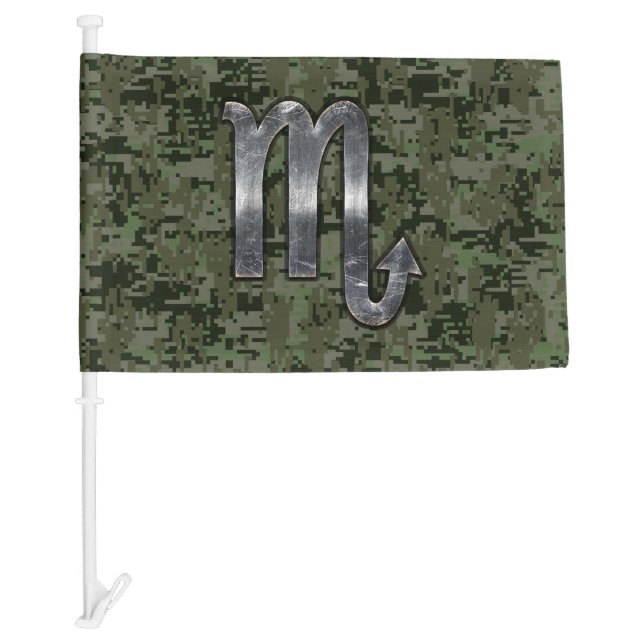 Scorpio Zodiac Sign Woodland Green Digital Camo Car Flag (Front)