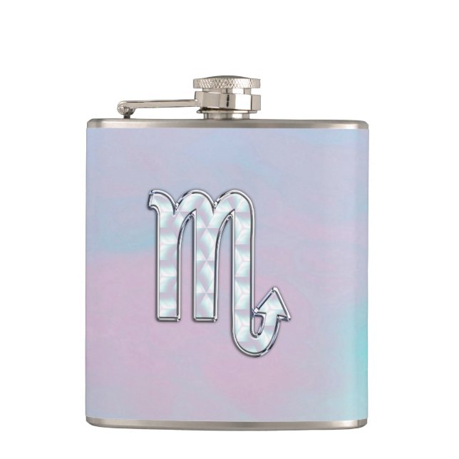 Scorpio Zodiac Symbol in Mother of Pearl Style Hip Flask (Front)