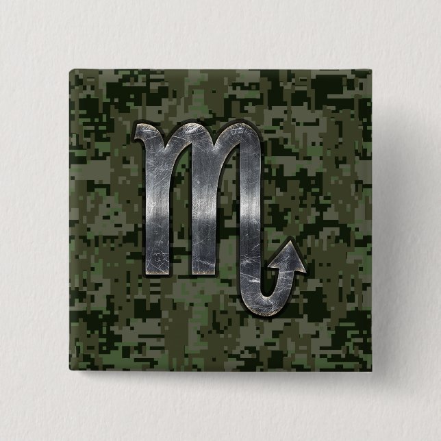 Scorpio Zodiac Symbol Woodland Digital Camo Button (Front)