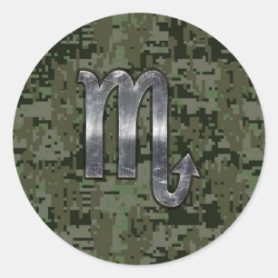 Scorpio Zodiac Symbol Woodland Digital Camo Classic Round Sticker