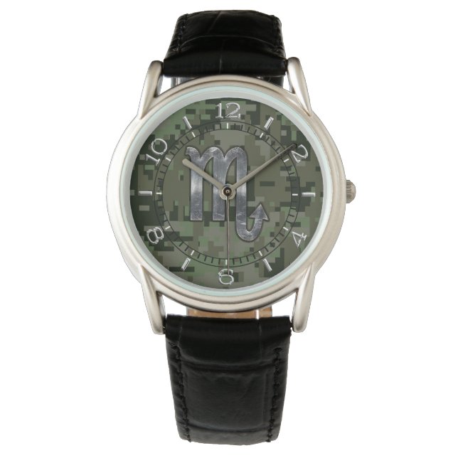 Scorpio Zodiac Symbol Woodland Digital Camo Dial Watch (Front)