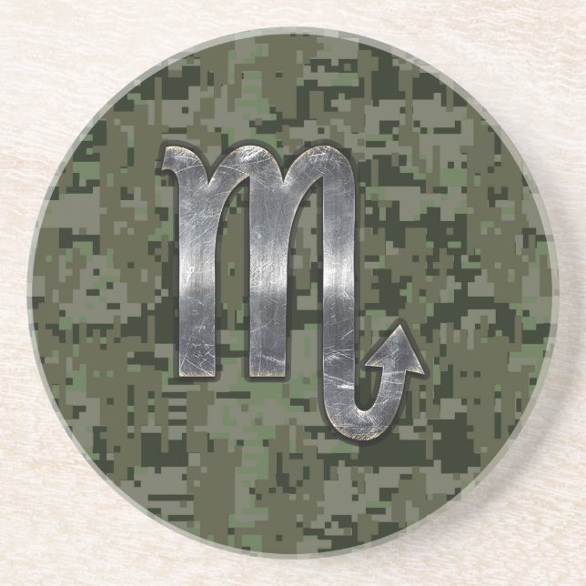 Scorpio Zodiac Symbol Woodland Digital Camo Drink Coaster (Front)