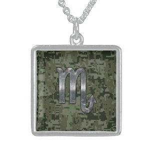 Scorpio Zodiac Symbol Woodland Digital Camo Sterling Silver Necklace