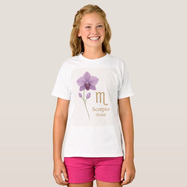 Scorpio Zodiac T-Shirt with Orchid Flower – Perfec (Front Full)