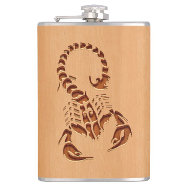 Scorpion silhouette engraved on wood design flask (Front)