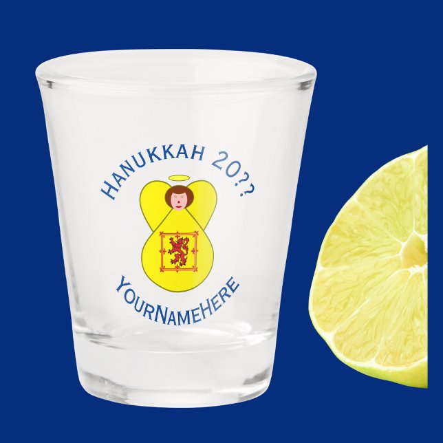 Scot Lion Rampant Angel Hanukkah Flag Personalized Shot Glass (Shot glass has angel wearing Scotland Lion Rampant Flag for Hanukkah. Text for name, year, holiday.)