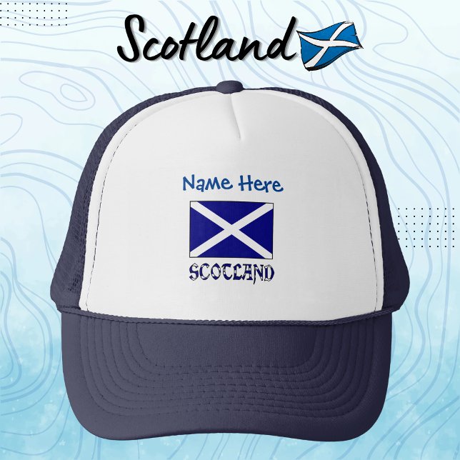 Scotland and Scottish Flag Blue Personalization  Trucker Hat (Personalize blue trucker hat features the St. Andrew's Cross Scot Flag with the word SCOTLAND below.)
