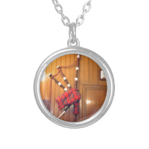Scotland Bagpipe Tartan Plaid Musical Instrument Silver Plated Necklace