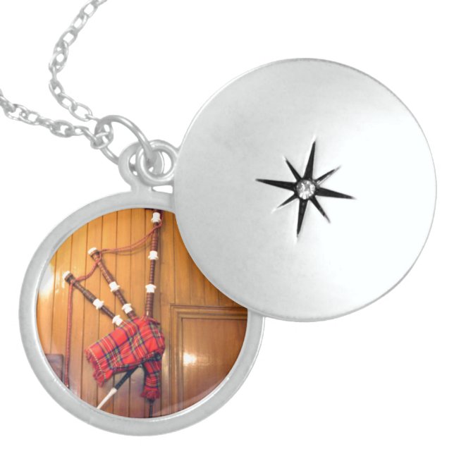 Scotland Bagpipe Tartan Plaid Musical Instrument Sterling Silver Necklace (Front)