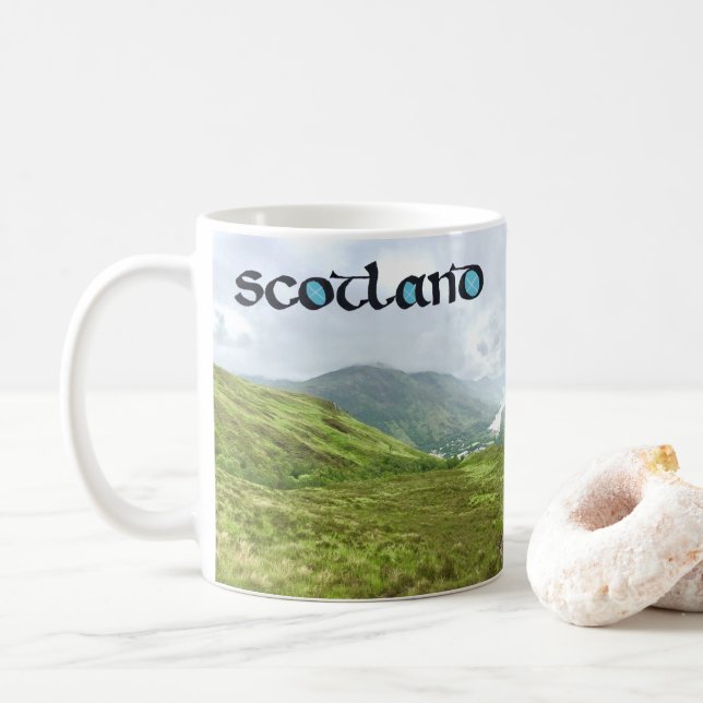 Scotland Calligraphy with Highlands Mountain Photo Coffee Mug (With Donut)