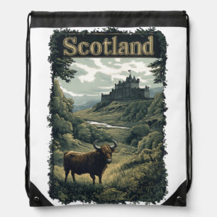 Scotland Design: Highland Cow, Castle, and Scenery Drawstring Bag