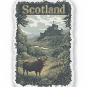 Scotland Design: Highland Cow, Castle, and Scenery Sticker