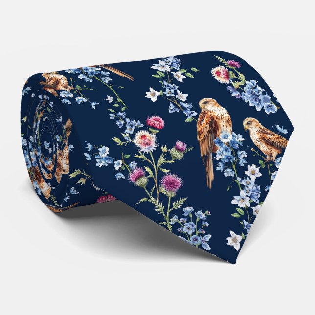 Scotland Eagle Thistle Bluebell Floral Navy Neck Tie (Rolled)