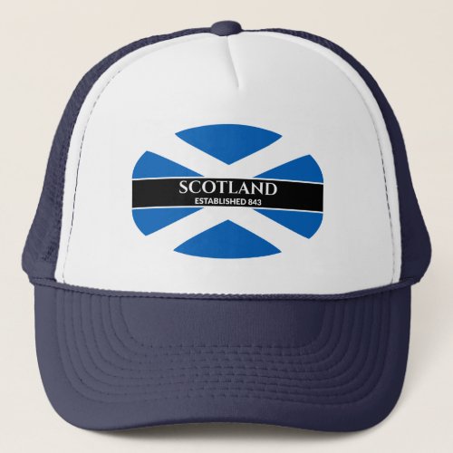 Scotland Established 843 Blue Saltire White Text Trucker Hat