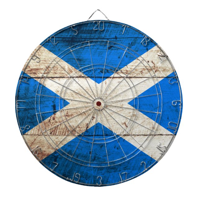 Scotland Flag on Old Wood Grain Dartboard (Front)