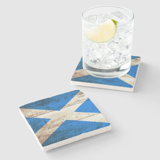 Scotland Flag on Old Wood Grain Stone Coaster (Side)