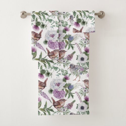 Scotland Flowers Birds Watercolor Bath Towel Set