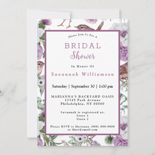 Scotland Flowers Birds Watercolor Bridal Shower Invitation