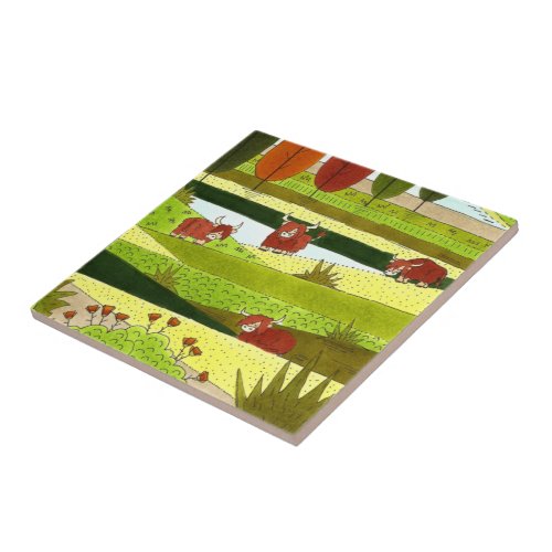 Scotland Highland Cows in Autumn Farm Field Ceramic Tile