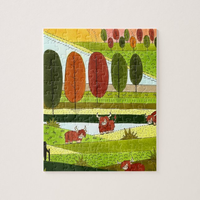 Scotland Highland Cows in Autumn Farm Field Jigsaw Puzzle (Vertical)