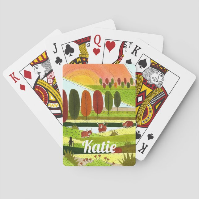 Scotland Highland Cows in Autumn Farm Field Poker Cards (Back)