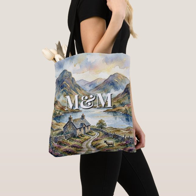 Scotland Highlands Aesthetic, Monogram Modern Tote Bag (Close Up)