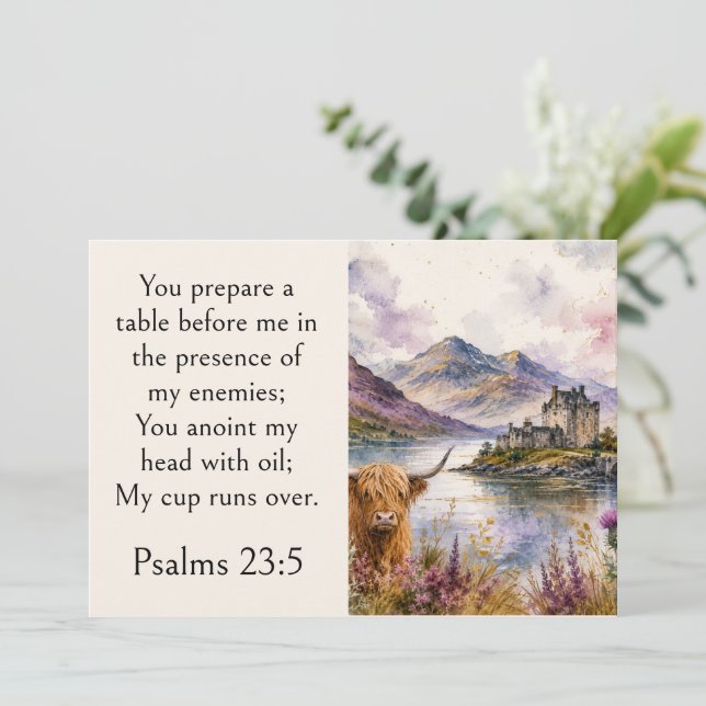 Scotland Highlands Aesthetic, Psalm 23:5 Scripture Thank You Card (Standing Front)