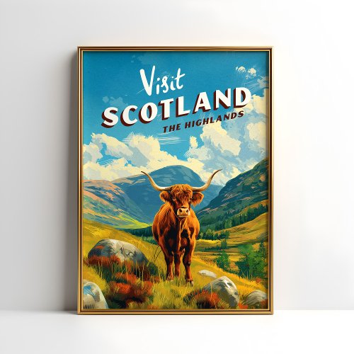Scotland Highlands Vintage Travel Poster Cow