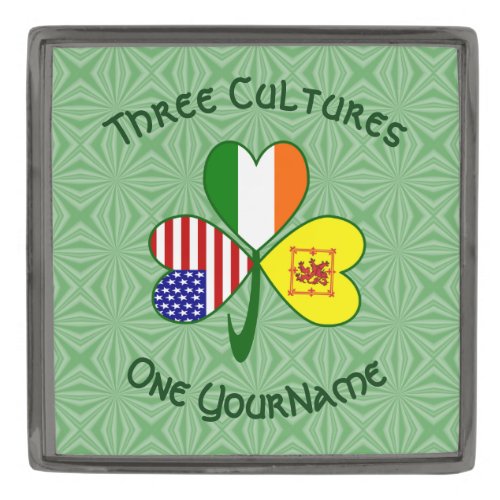 Scotland Rampant USA Ireland Flags Shamrock Name Gunmetal Finish Lapel Pin