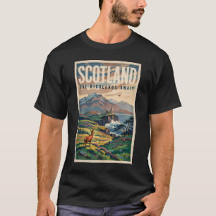 Scotland Scottish Highland Deer Illustration Retro T-Shirt