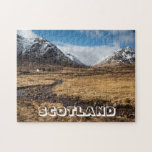 Scotland, Snow-Covered Mountains Jigsaw Puzzle<br><div class="desc">This puzzle features a photograph of snow-capped mountains in the Scottish highlands,  with the word "Scotland" in white open typeface. Photo by Paul Edney from Pixabay.</div>